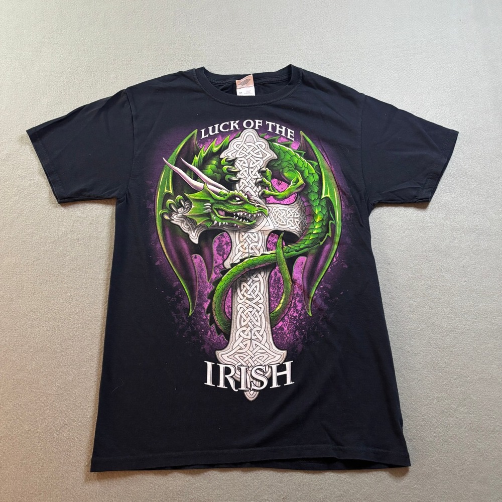 Fruit of the Loom Luck of the Irish Dragon Graphic T-Shirt Mens S Black Celtic